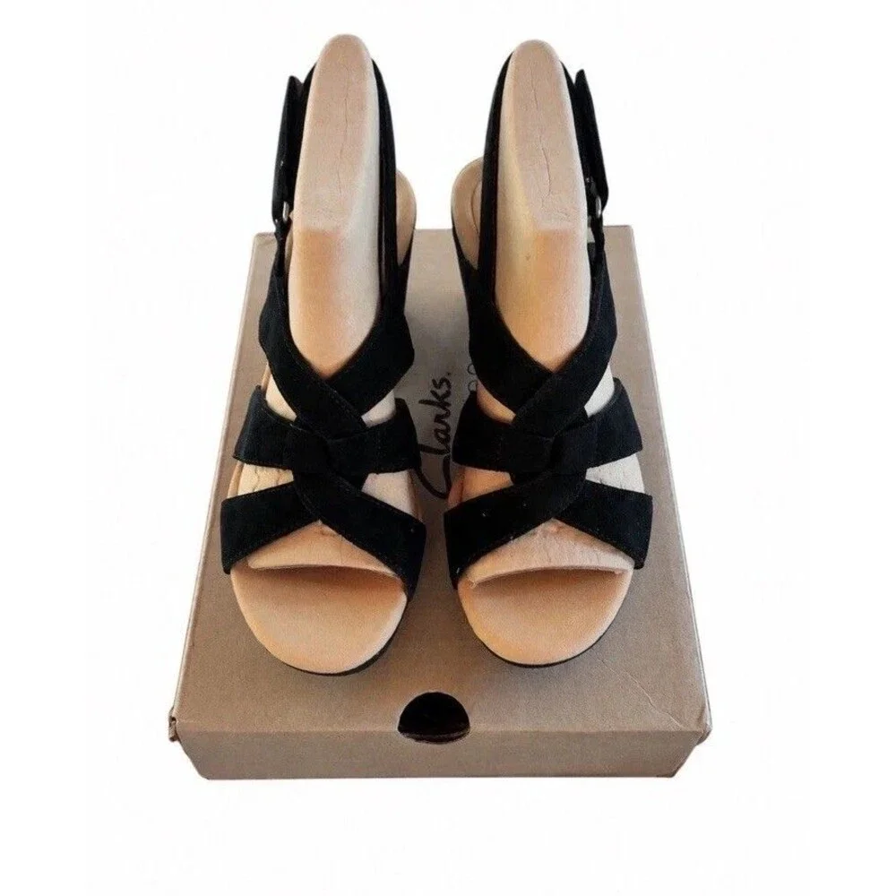 Clarks Giselle Beach Black Suede Leather Wedge Sandal US Size 8.5M New In Box